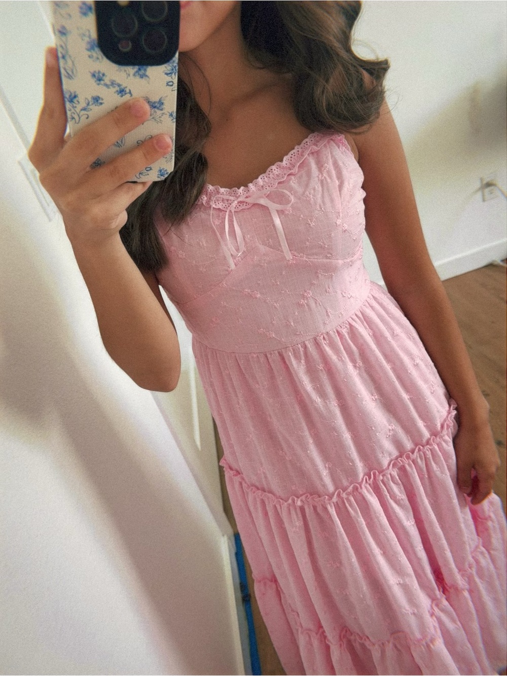 Altar'd State Pink Tiered Eyelet Midi Dress